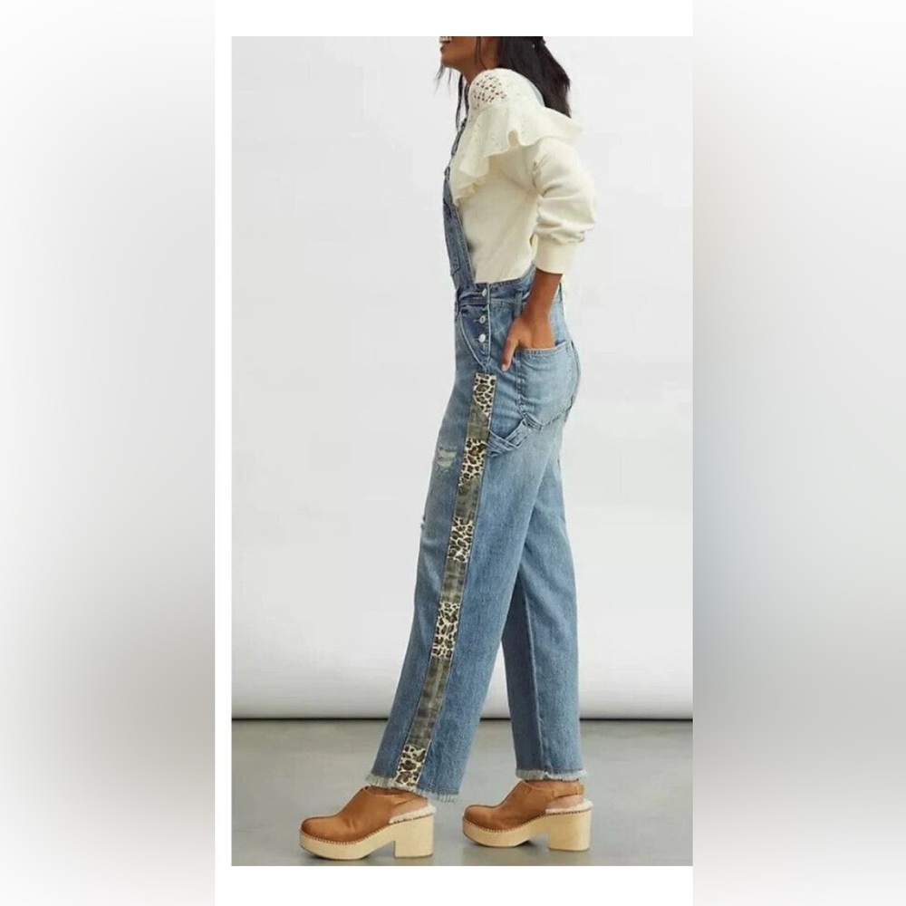 Pilcro Blue Denim Overalls with Leopard Print